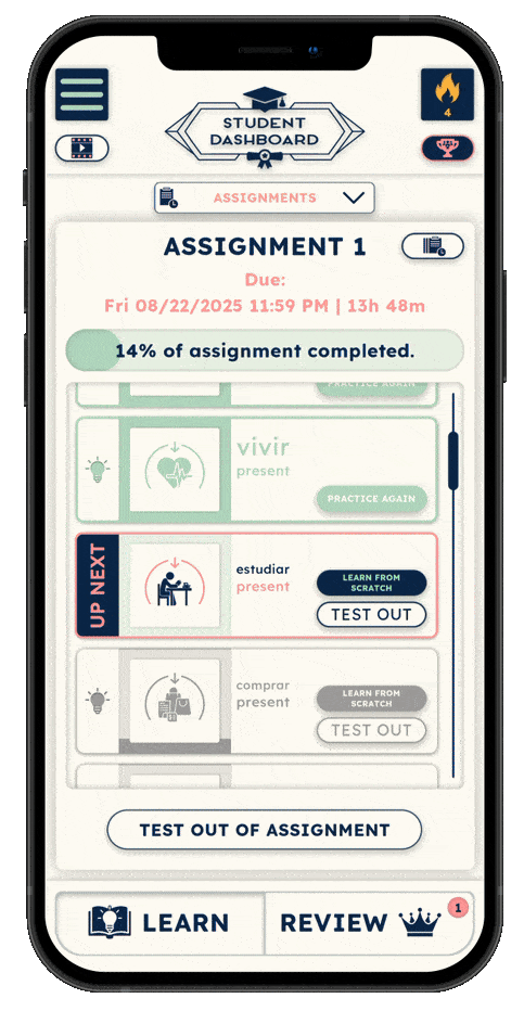 VerbMaster student practice session showing gamification features